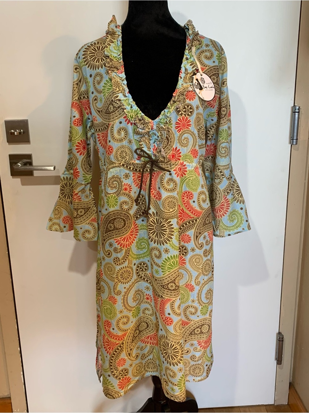 MUDPIE Bag Lady NWT Large Paisley Ruffle V-Neck Tunic Dress/Cover Up Multi Color